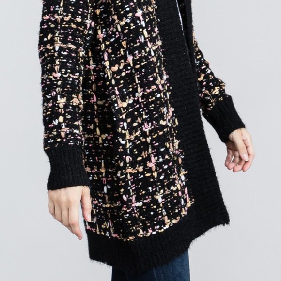 Black Confetti Tweed Knit Open Front Long Cardigan - Picture 6 of 12